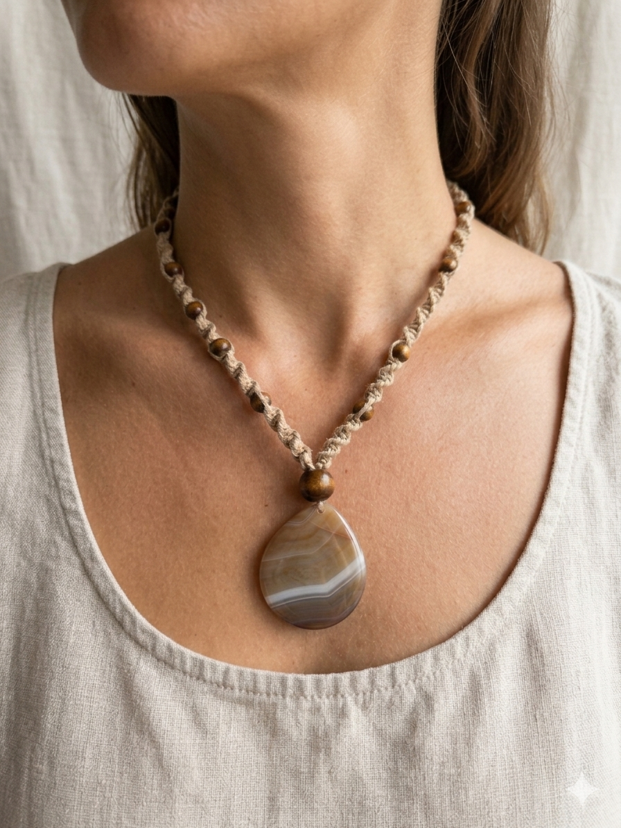 AGATE GEMSTONE Macrame Hemp Necklace