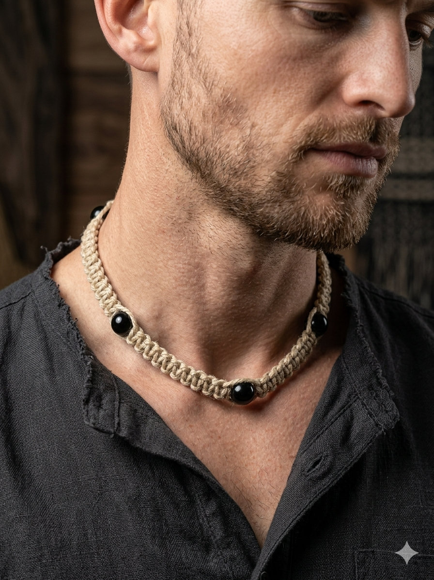 THICK Hemp Necklace with BLACK ONYX  Stones