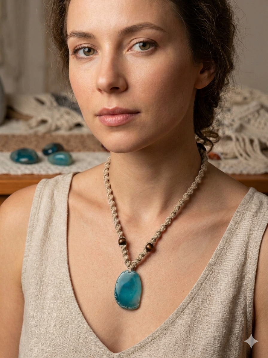 BLUE AGATE STONE Macrame Brige Hemp Necklace