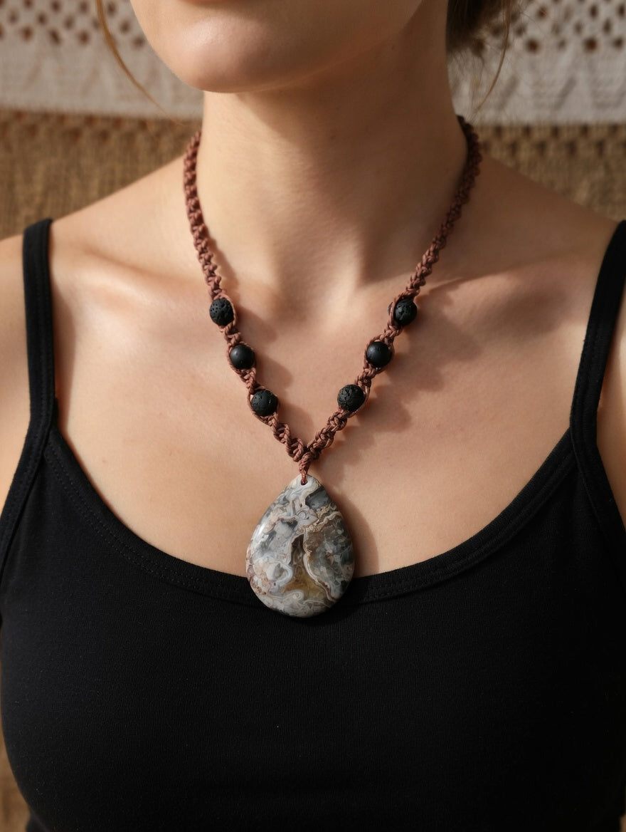 AGATE GEMSTONE Macrame Hemp Necklace