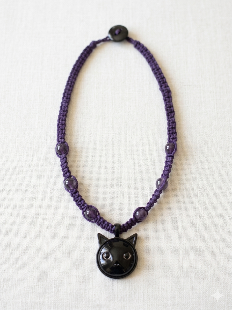 BLACK CAT and AMETHYST Macrame Hemp Choker