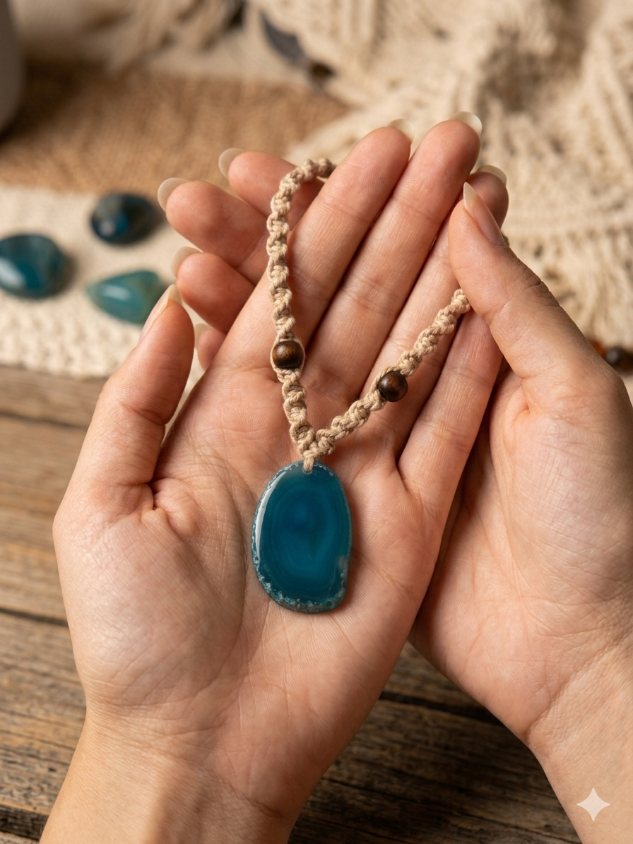 BLUE AGATE STONE Macrame Brige Hemp Necklace