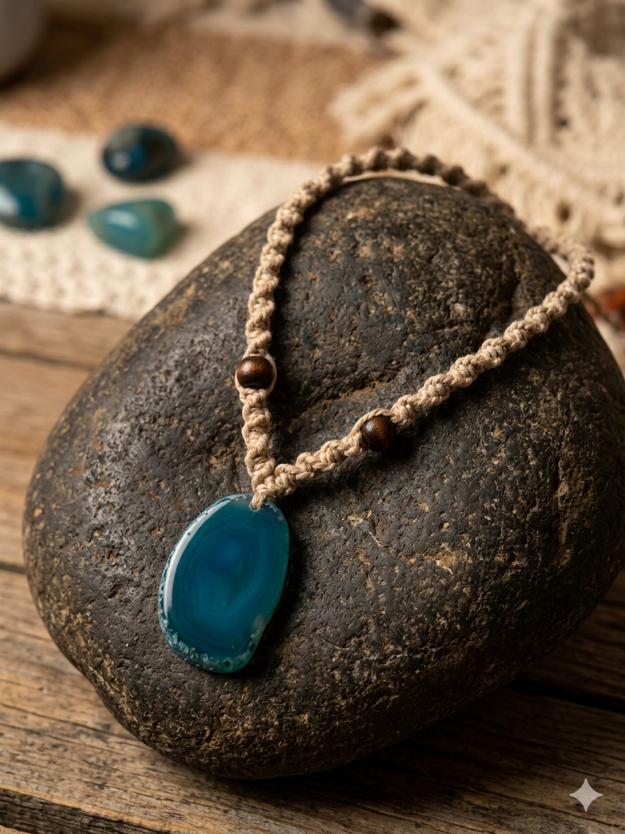 BLUE AGATE STONE Macrame Brige Hemp Necklace