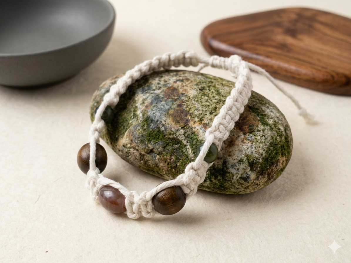 FANCY Jasper And Wood Extra  Thick White Hemp Choker