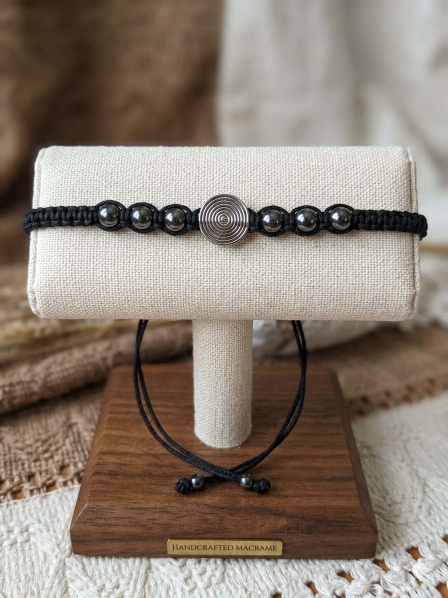 BLACK HEMATITE Macrame Hemp Bracelet