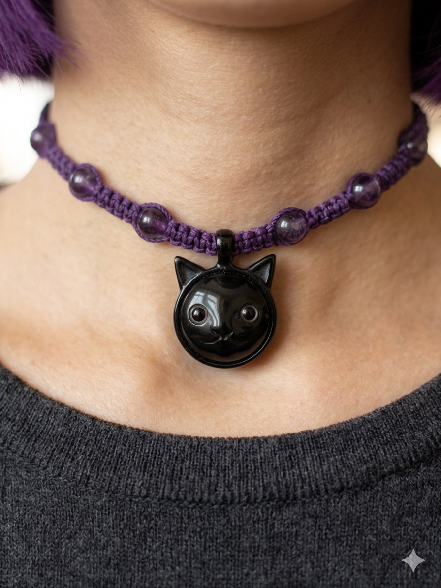 BLACK CAT and AMETHYST Macrame Hemp Choker