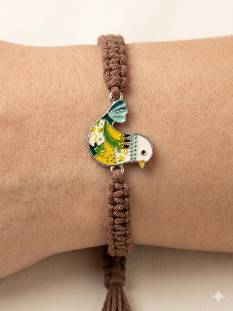 MACRAME Bird Bracelet -Folk Art Enamel Charm