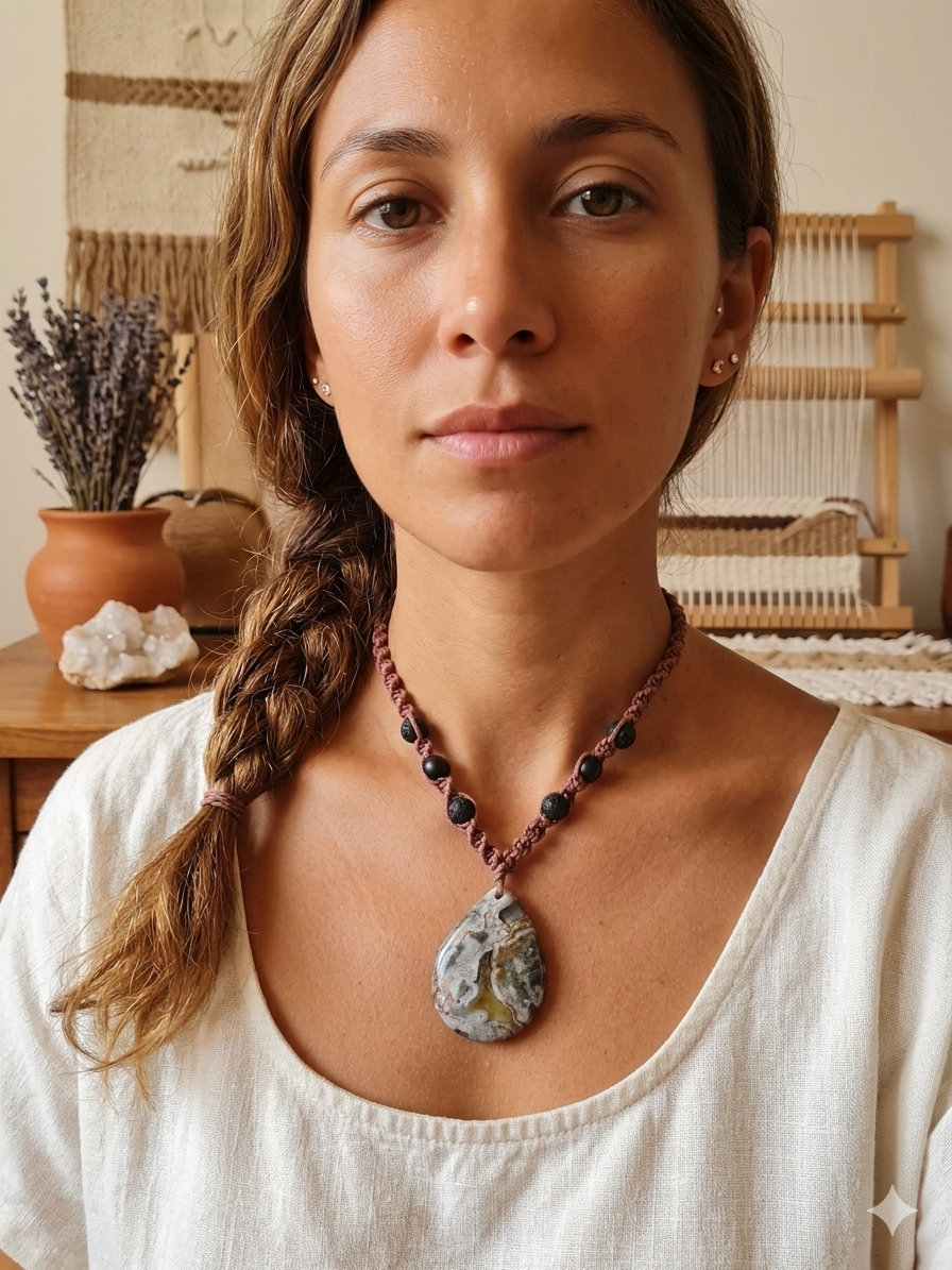 AGATE GEMSTONE Macrame Hemp Necklace