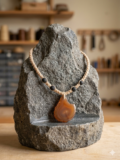 AGATE and BLACK LAVA Gemstone Macrame Hemp Necklace
