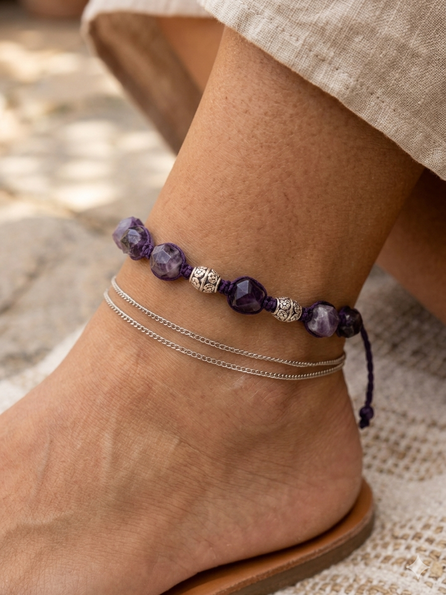 CHUNKY AMETHYST Macrame Hemp Tie On Anklet